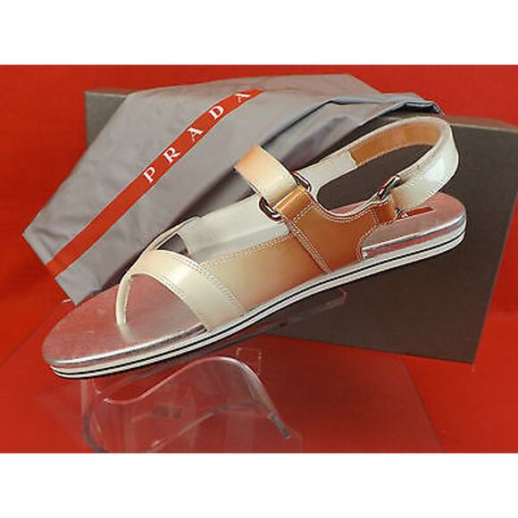 PRADA PATENT OMBRE LEATHER FLATS TWO TONES GLADIATOR LOGO THONG SANDALS 37.5 - Picture 8 of 12